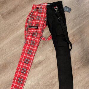 Two-Tone Red Plaid and Black Utility Pants with Straps